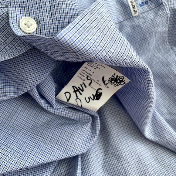 BOSS Hugo Boss Men's 17 (36/37) Blue Sharp Fit Classic Plaid Button Down Shirt - Picture 11 of 15